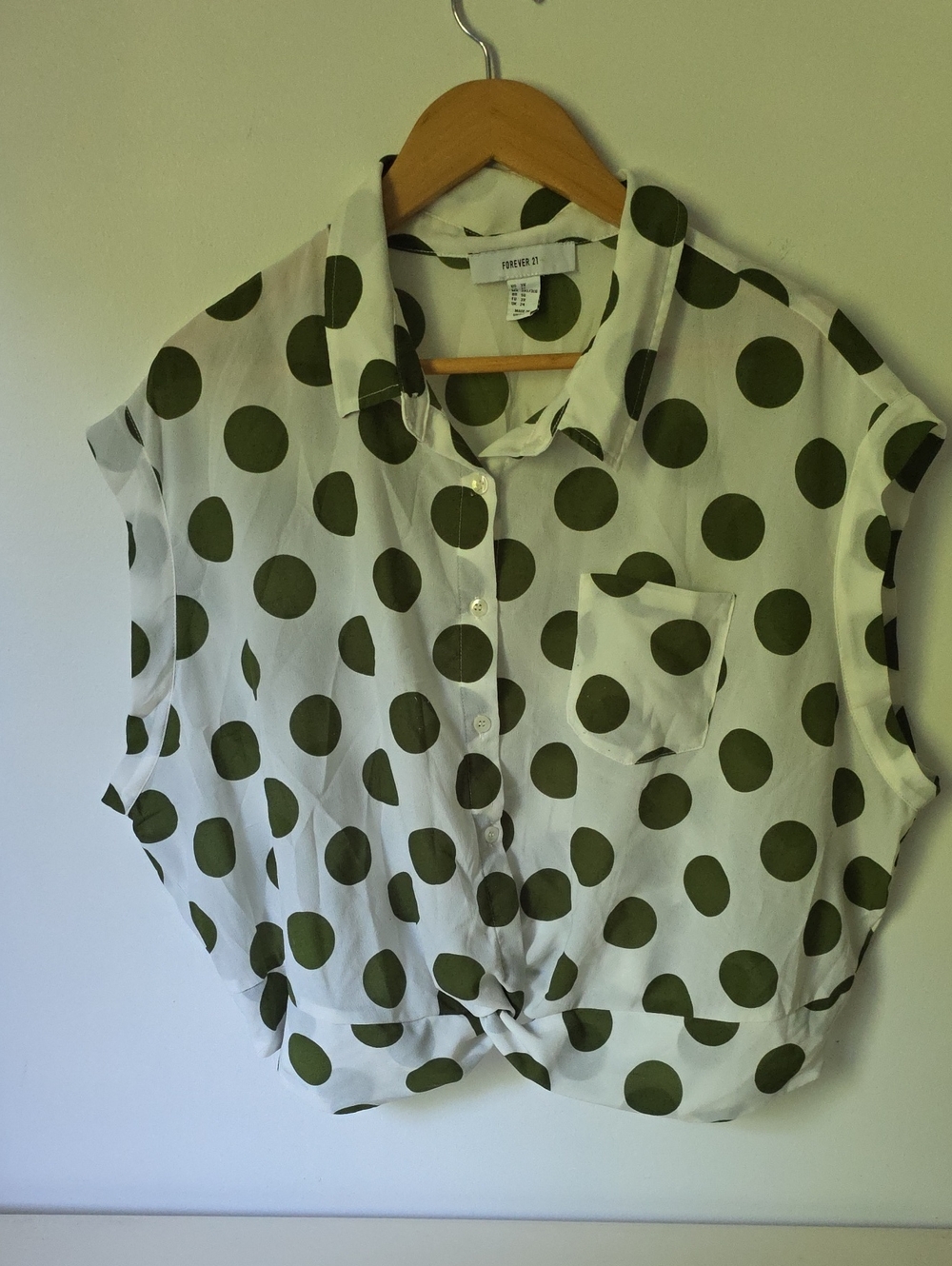 Forever 21 White Button-Front Blouse with Olive Polka Dots